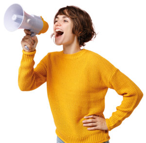 A woman in a yellow jumper shouts into a megaphone