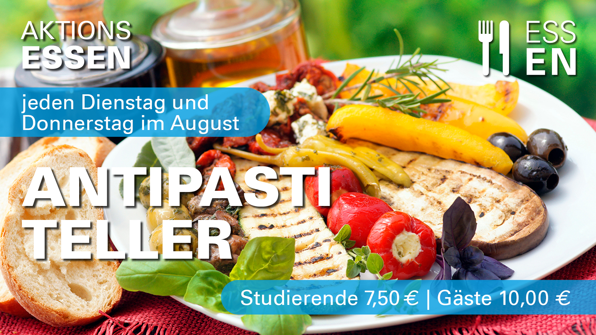Antipasti Teller mit gefüllten Paprika, Oliven, Aubergine und Baguette