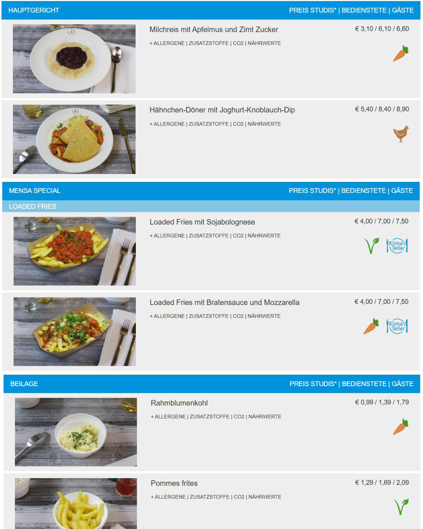 Speiseplan auf der Website