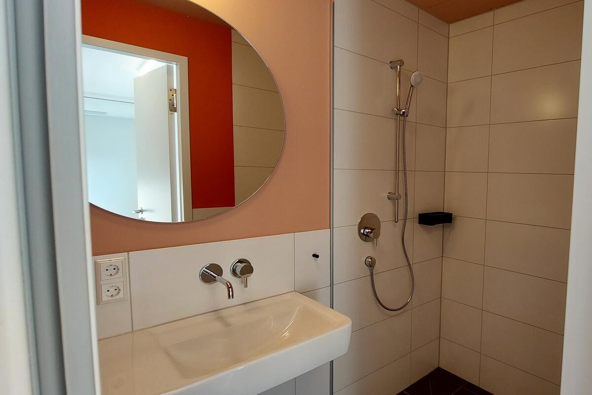 Badezimmer mit Spiegel, Waschbecken und Dusche
