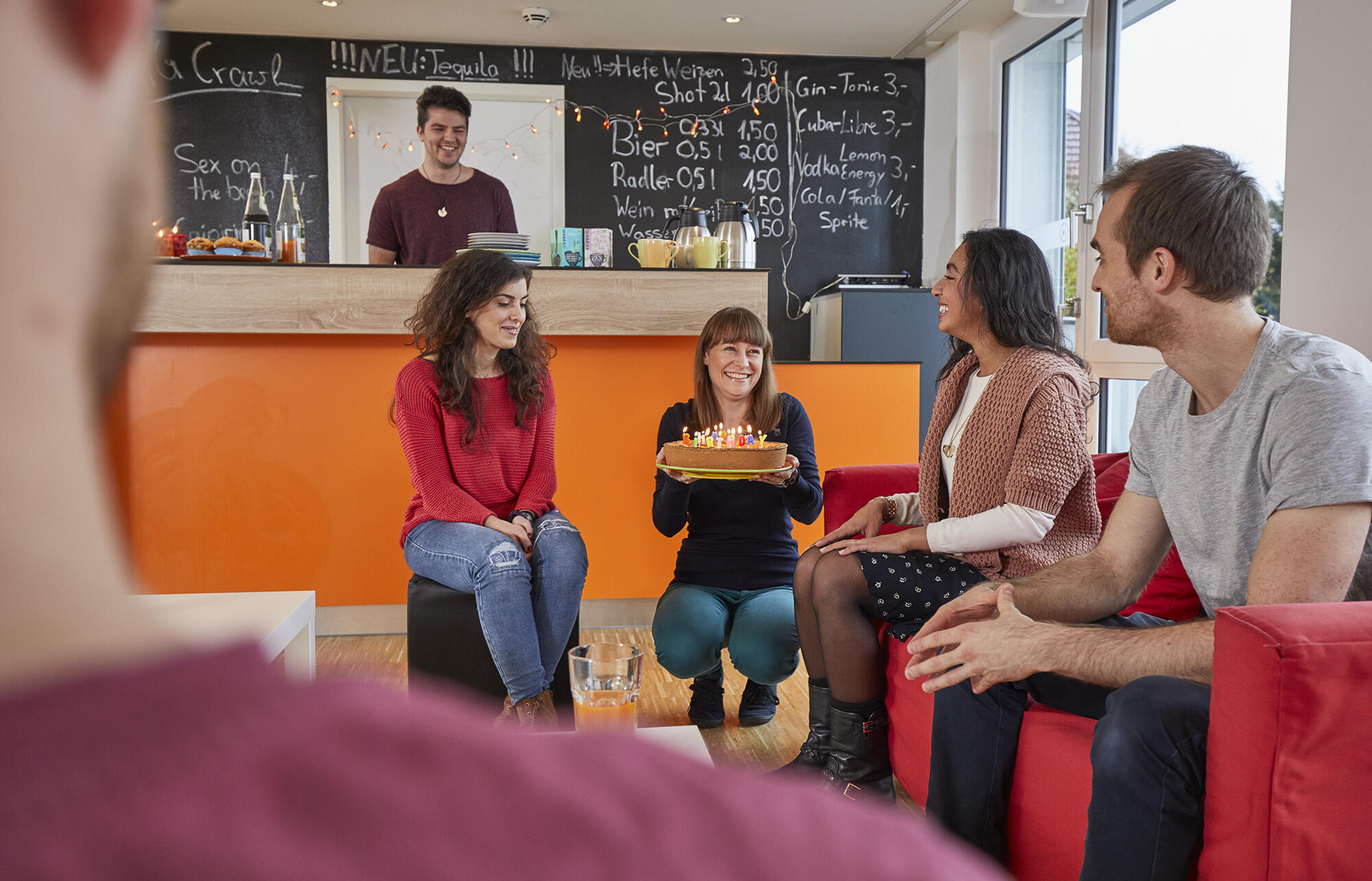 Students celebrate their birthday in the common room of the Birkenwald residential complex 